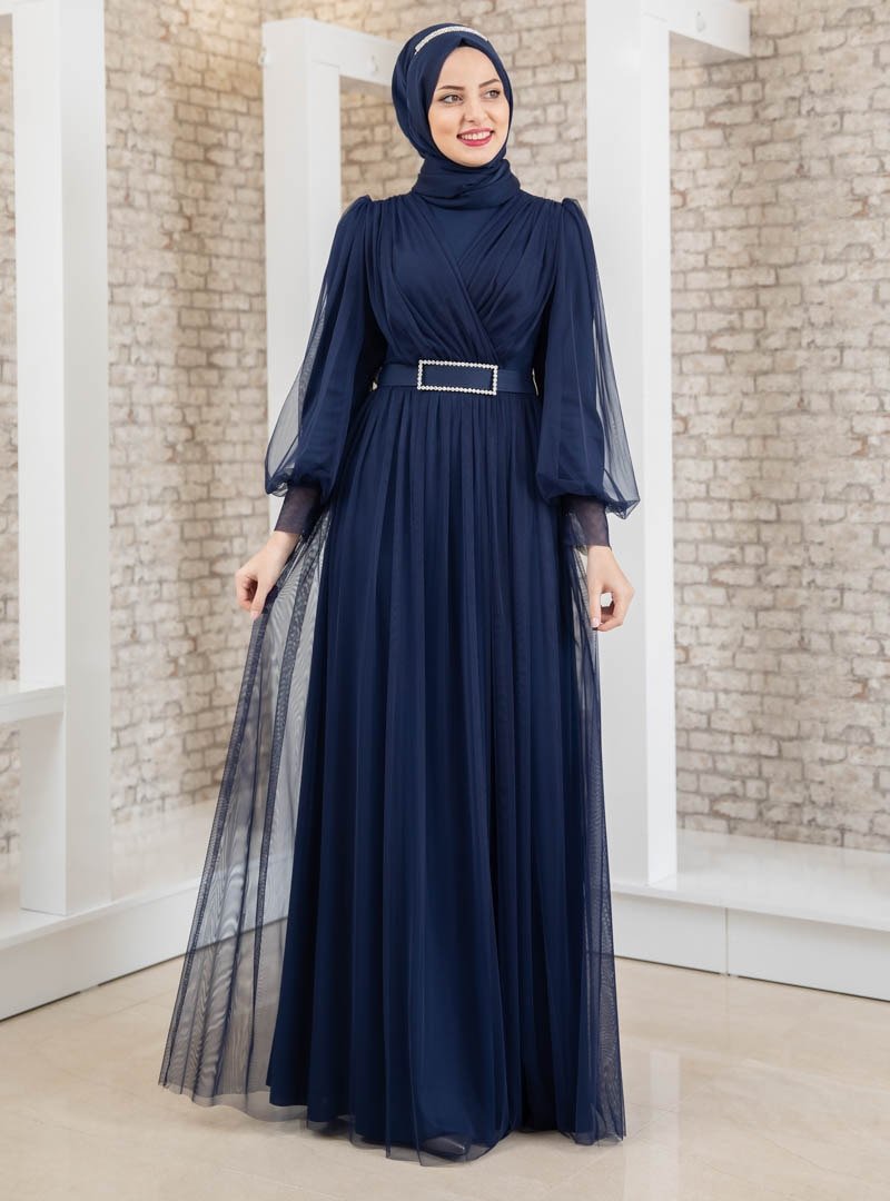 Fashion Showcase Design Lacivert Taş Detaylı Tüllü Abiye Elbise