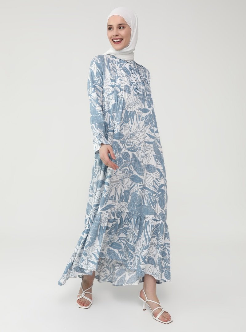 Refka Mavi Nervür Detaylı Kolu Volanlı Yaprak Desenli Elbise
