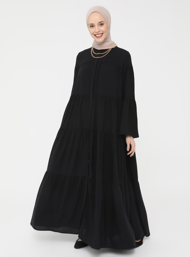 Refka Siyah Doğal Kumaşlı İspanyol Kollu Elbise