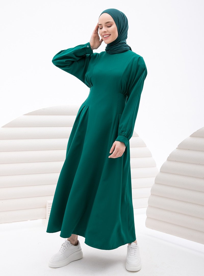 İnşirah Zümrüt Yeşili Düz Renk Elbise