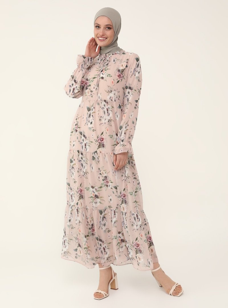 Refka Çiçekli Pudra Yakası Bağlamalı Şifon Rahat Kesim Elbise