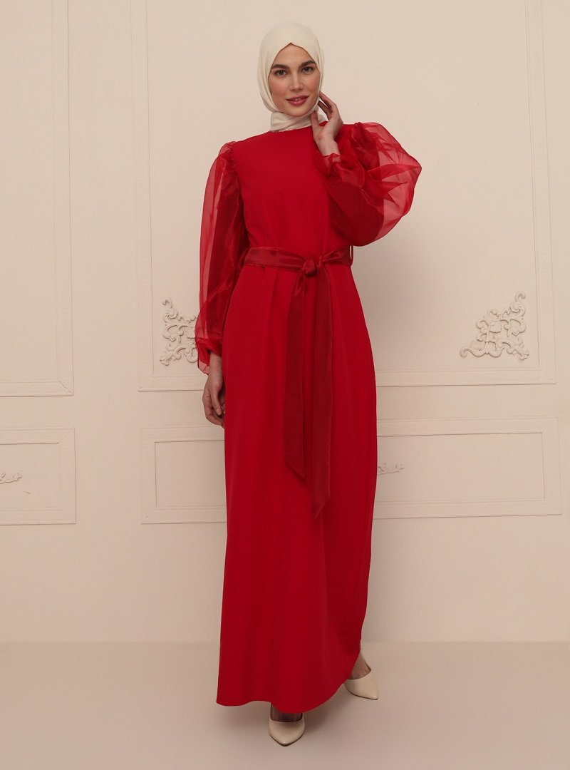 Ziwoman Kırmızı Tül Detaylı Abiye Elbise