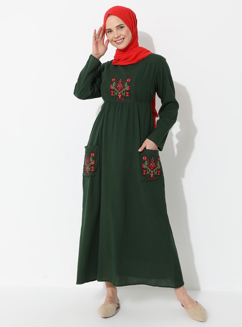 Elis Şile Bezi Yeşil Şile Bezi Nakışlı Elbise