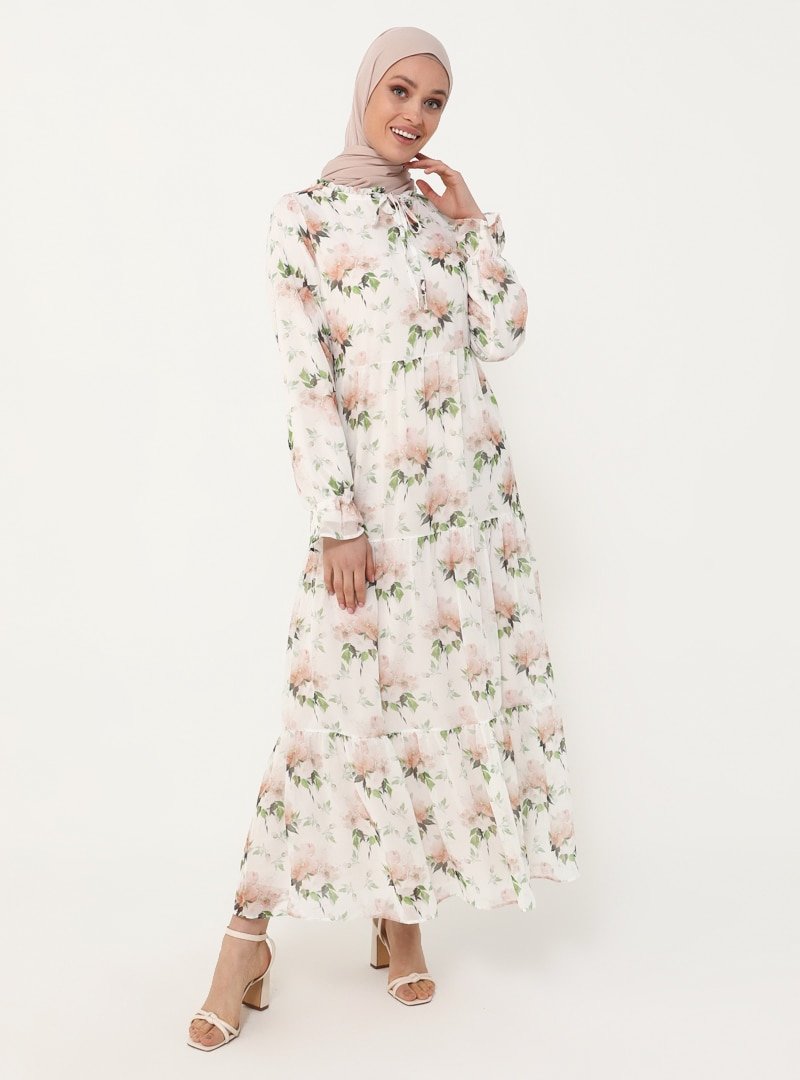Refka Çiçekli Beyaz Yakası Bağlamalı Şifon Rahat Kesim Elbise