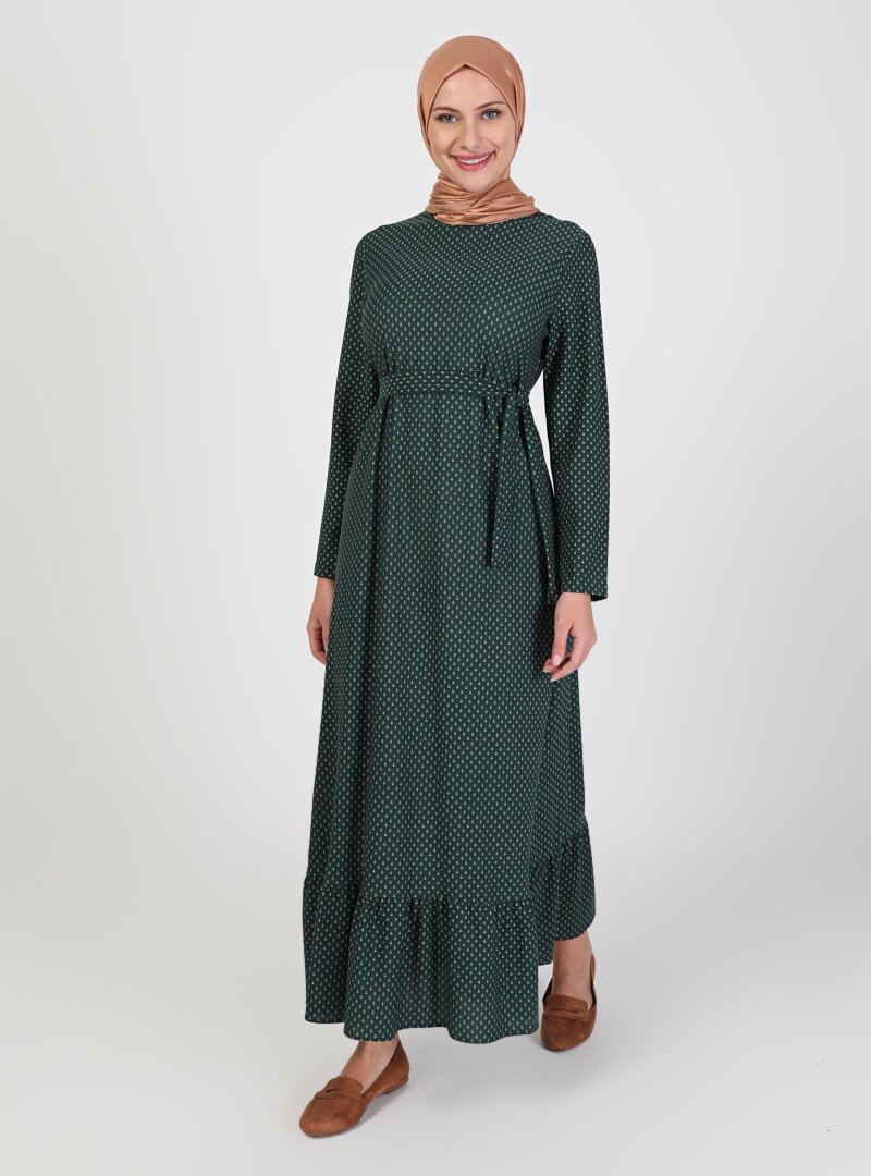 ECESUN Zümrüt Yeşili Etek Uçları Fırfırlı Elbise
