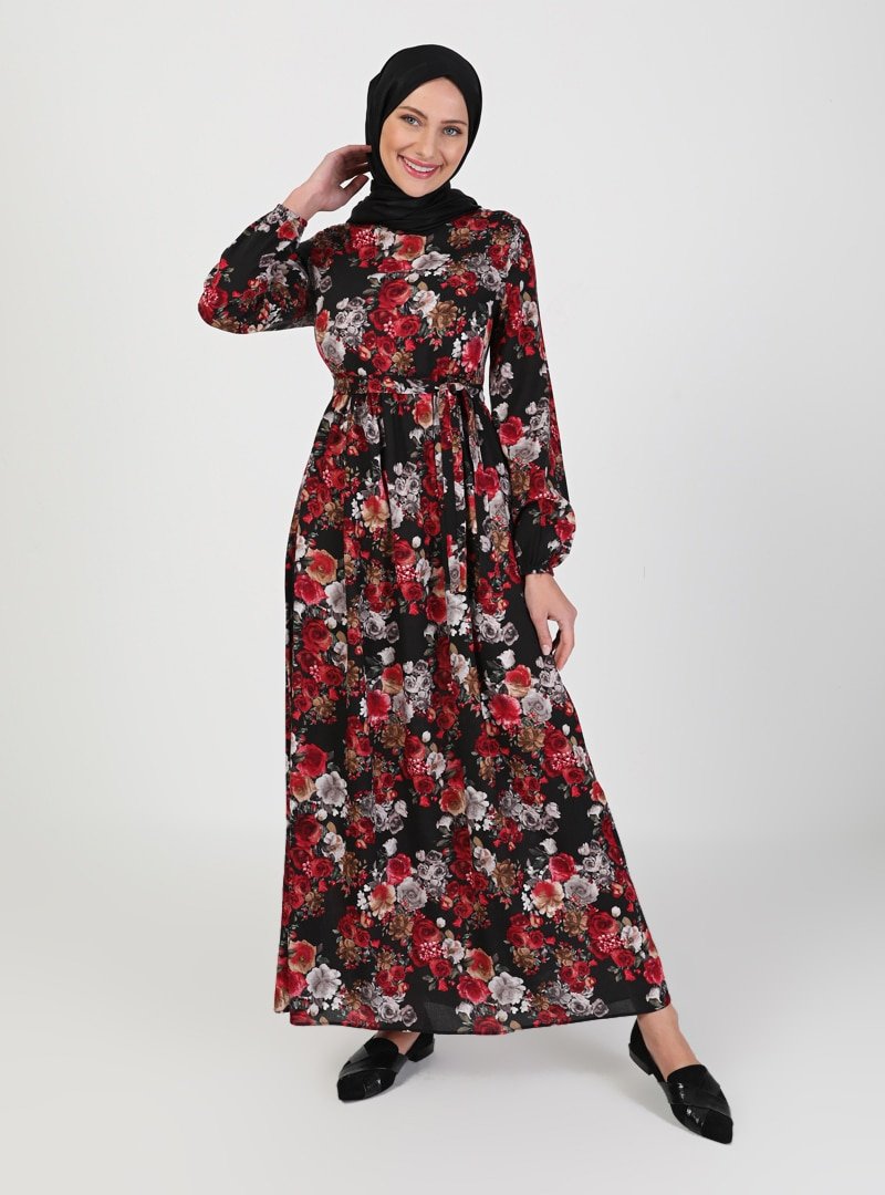 ECESUN Siyah Kırmızı Çiçek Desenli Elbise