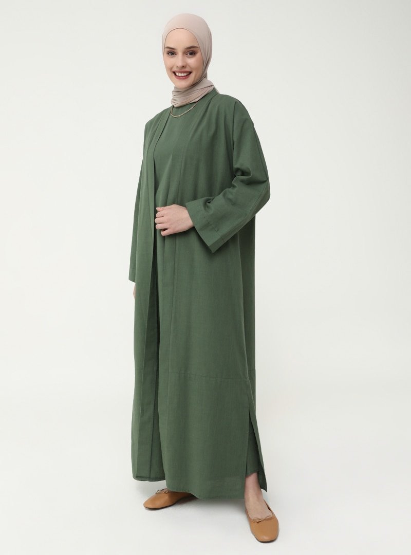 Refka Haki Doğal Kumaşlı Kolsuz Elbise&Kap İkili Takım
