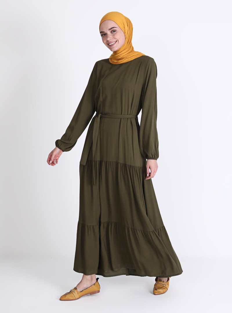 Sevit-Li Haki Kol Uçları Lastikli Elbise