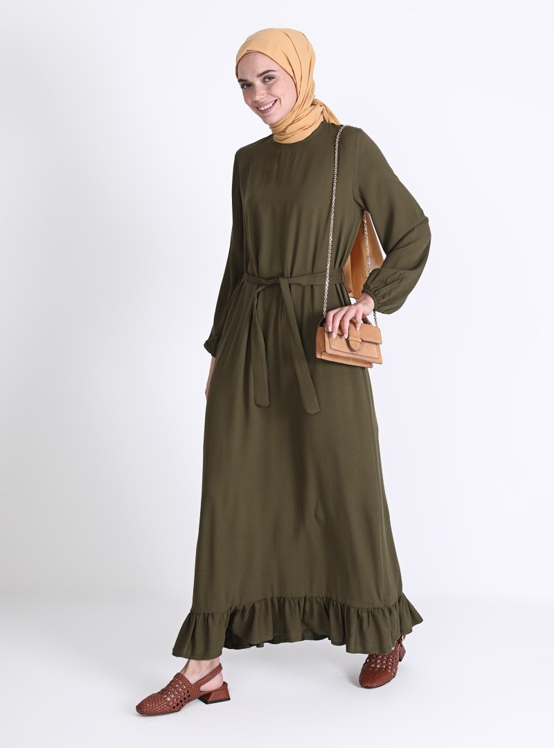 Sevit-Li Haki Etekleri Fırfır Detaylı Elbise