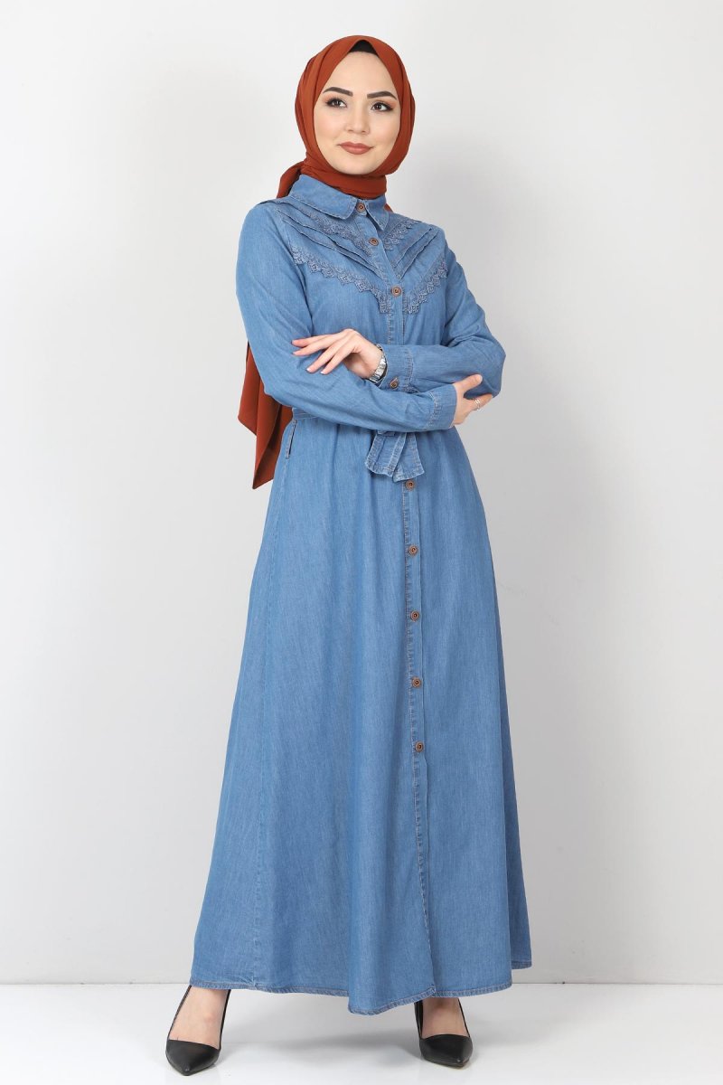Tesettür Dünyası Açık Mavi Önü Dantelli Kot Elbise