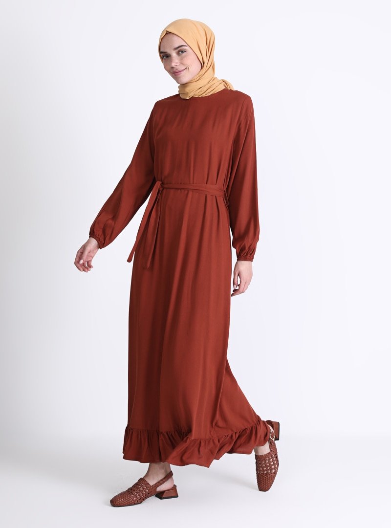 Sevit-Li Kiremit Etekleri Fırfır Detaylı Elbise