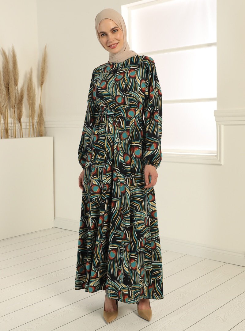 Tavin İndigo Kuşak Detaylı Desenli Elbise