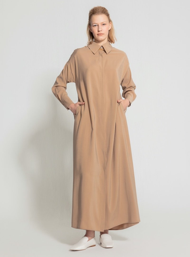 Nuum Design Bej Doğal Kumaş Cepli Gömlek Elbise