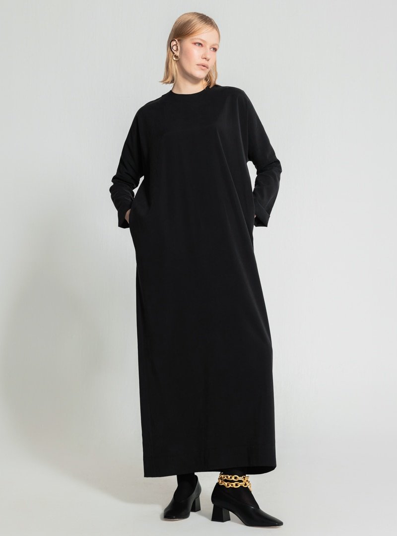 Nuum Design Siyah Doğal Kumaş Cepli Elbise