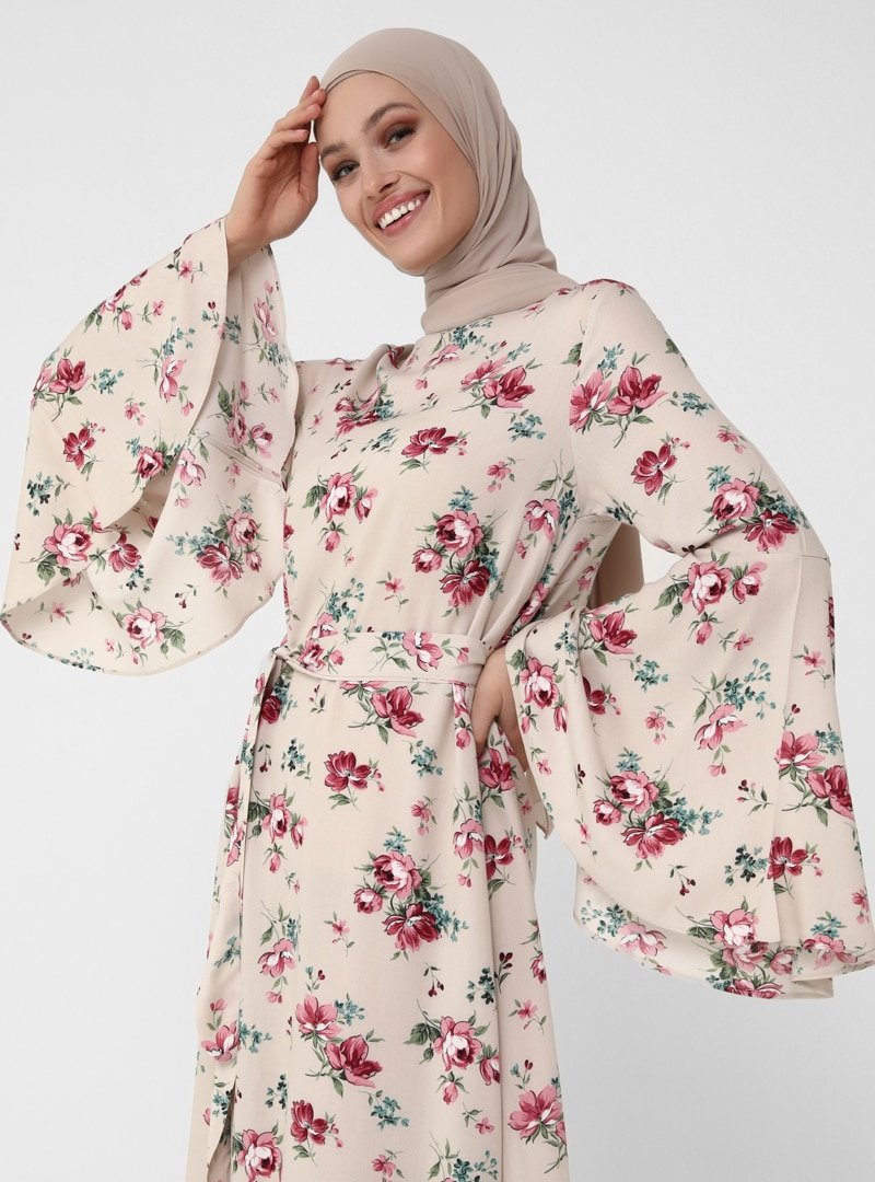 Refka Çiçekli Pembe Doğal Kumaşlı İspanyol Kollu Elbise