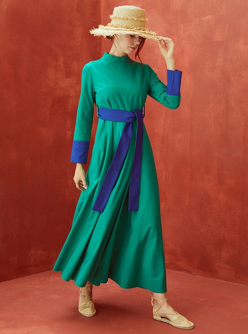 JAQAR Yeşil Mavi Kemer Detaylı Poplin Elbise