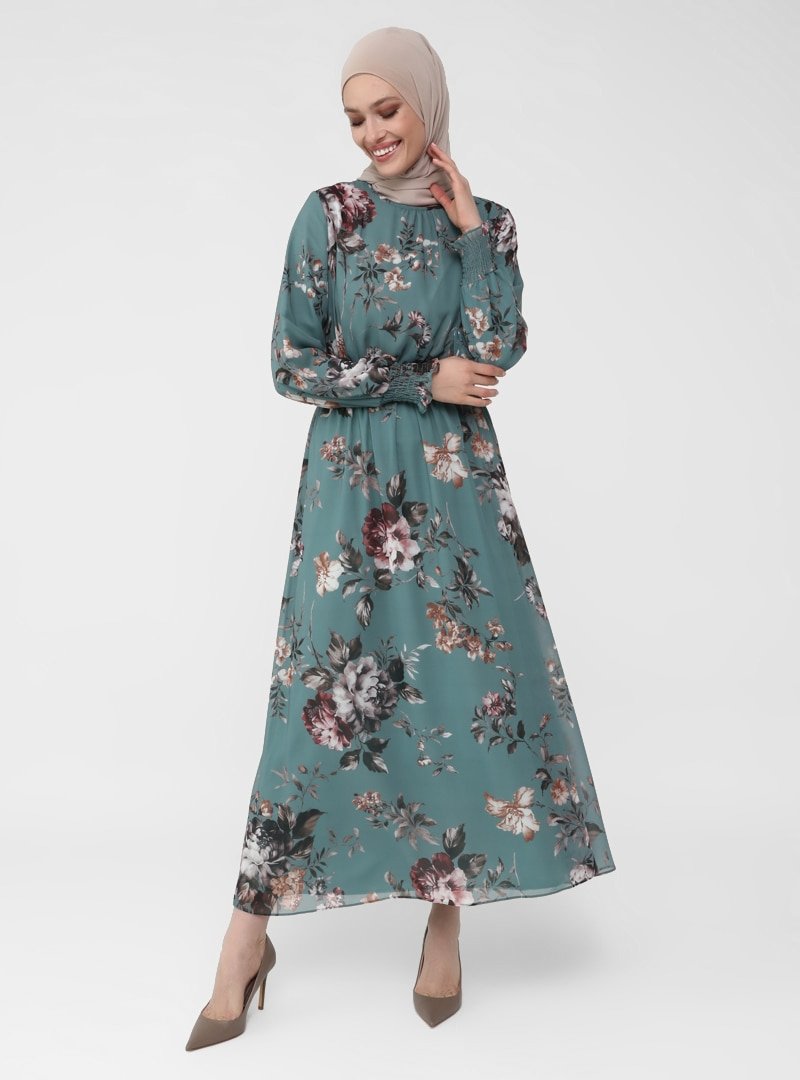 Refka Koyu Çağla Çiçekli Kol Ucu Ve Beli Gipe Detaylı Şifon Elbise