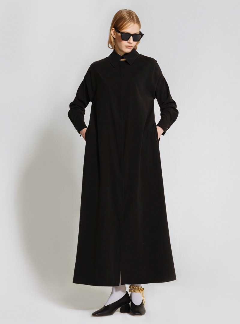 Nuum Design Siyah Doğal Kumaş Cepli Gömlek Elbise