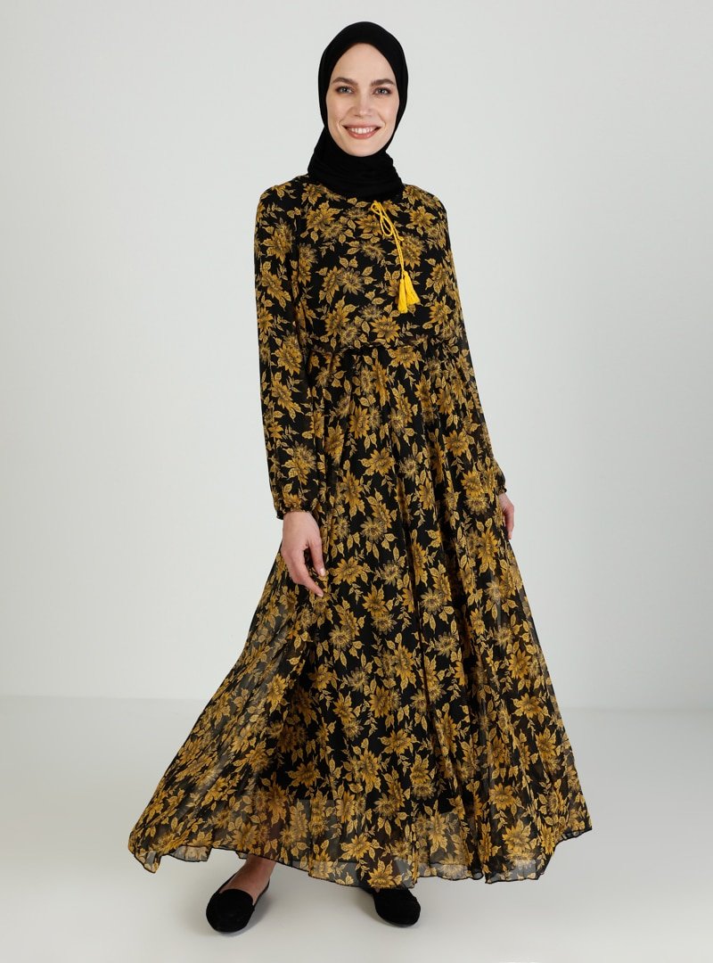 BÜRÜN Siyah Sarı Çiçek Desenli Elbise
