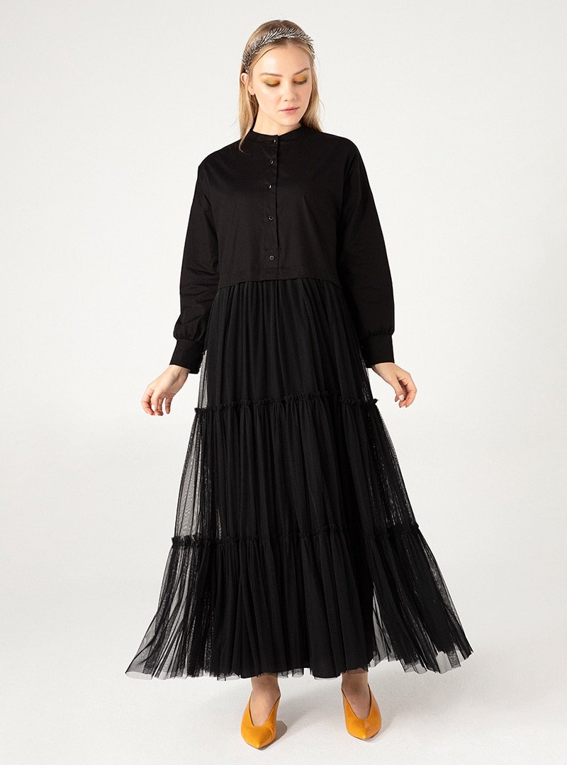 JAQAR Siyah Tül Etekli Koton Gömlek Elbise