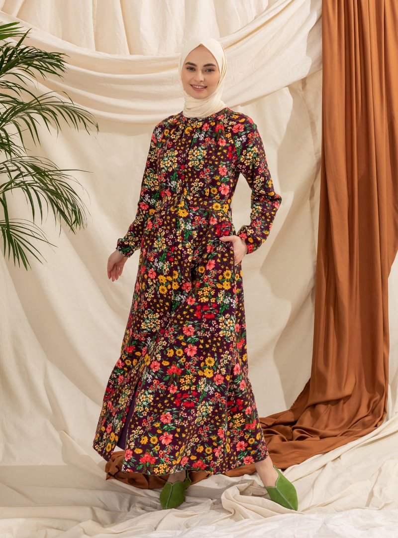 Elis Şile Bezi Mor Çiçek Desenli Elbise