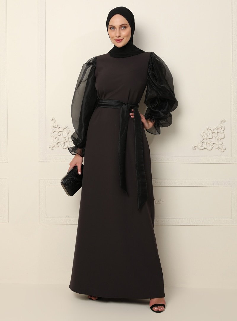 Ziwoman Koyu Kahverengi Tül Detaylı Abiye Elbise