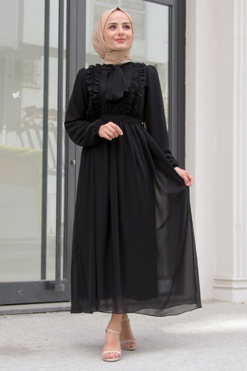 Meqlife Siyah Kurdeleli Fırfırlı Elbise