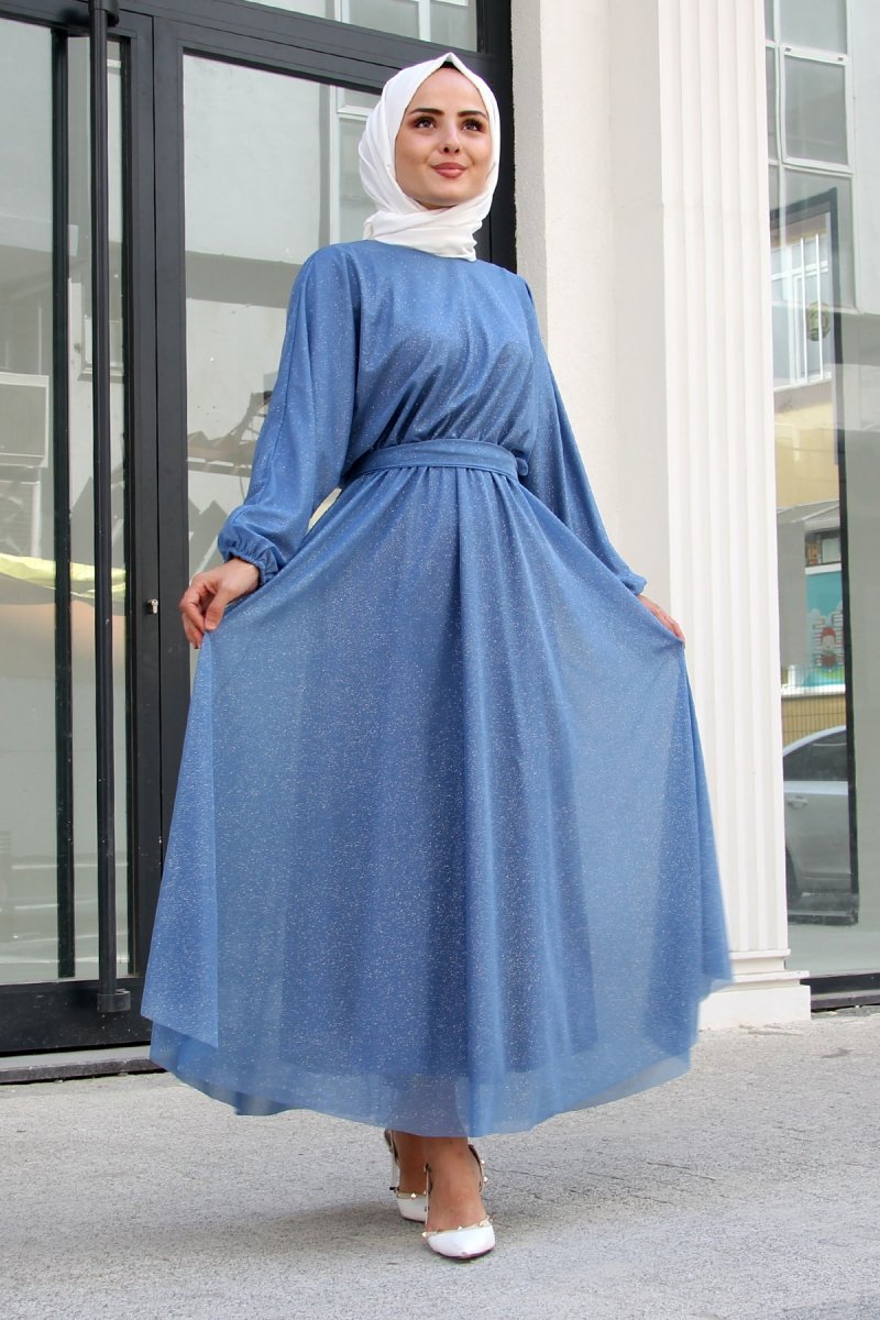 Meqlife İndigo Mavi Shine Abiye Elbise