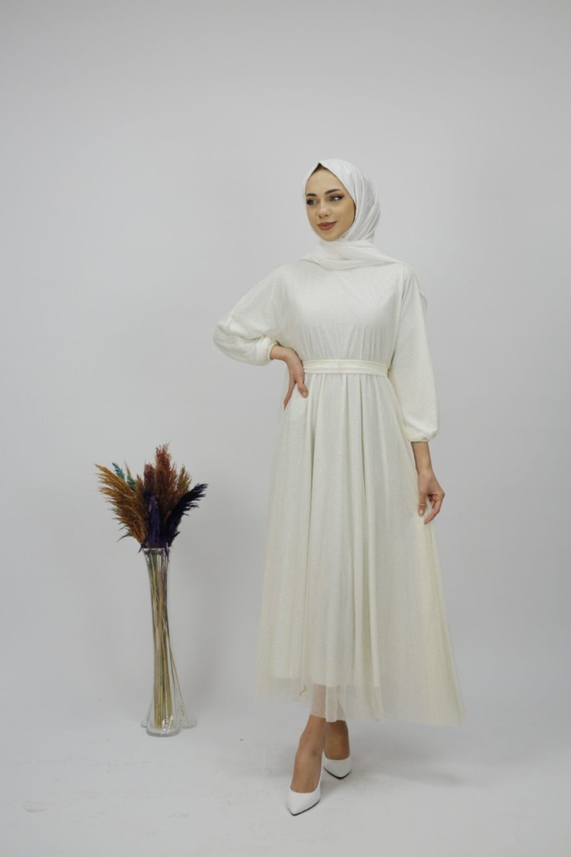 Modanezze Beyaz Simli Şifon Kumaş Elbise