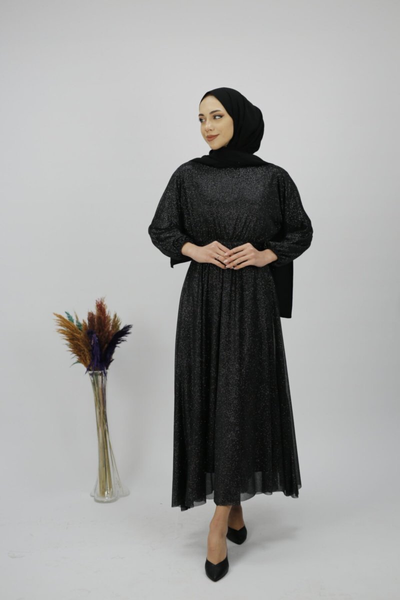 Modanezze Siyah Simli Şifon Kumaş Elbise