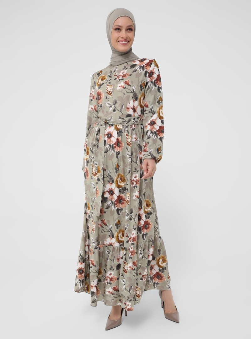 Refka Haki Doğal Kumaşlı Kolları Lastikli Çiçekli Elbise