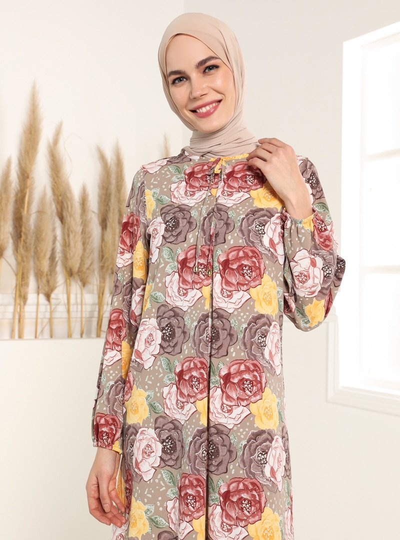 Tavin Vizon Yakası Bağcıklı Desenli Elbise