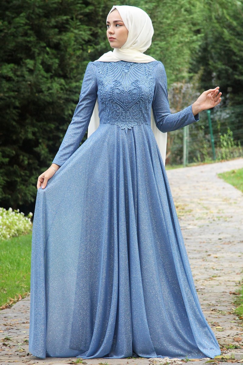 Meqlife İndigo Mavi Royal Abiye Elbise
