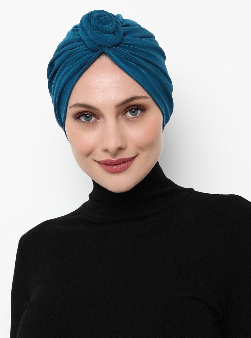 Sevda Bone İndigo Güllü Hazır Türban