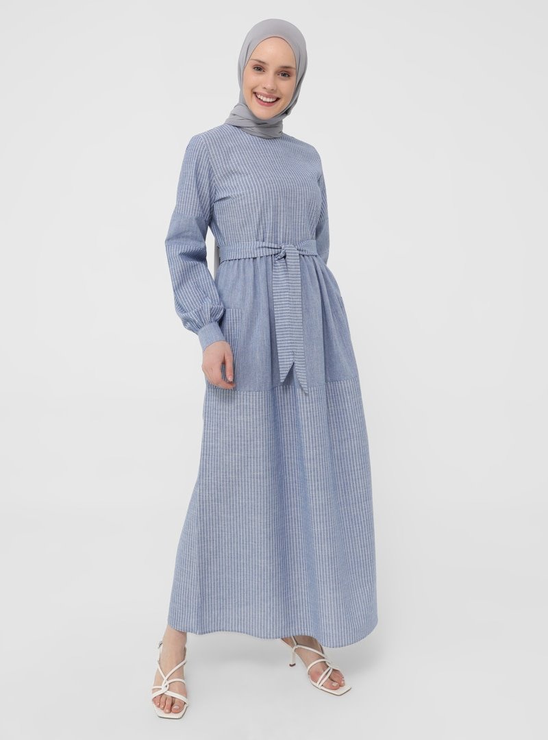 Refka Mavi Doğal Kumaşlı Çizgili Elbise