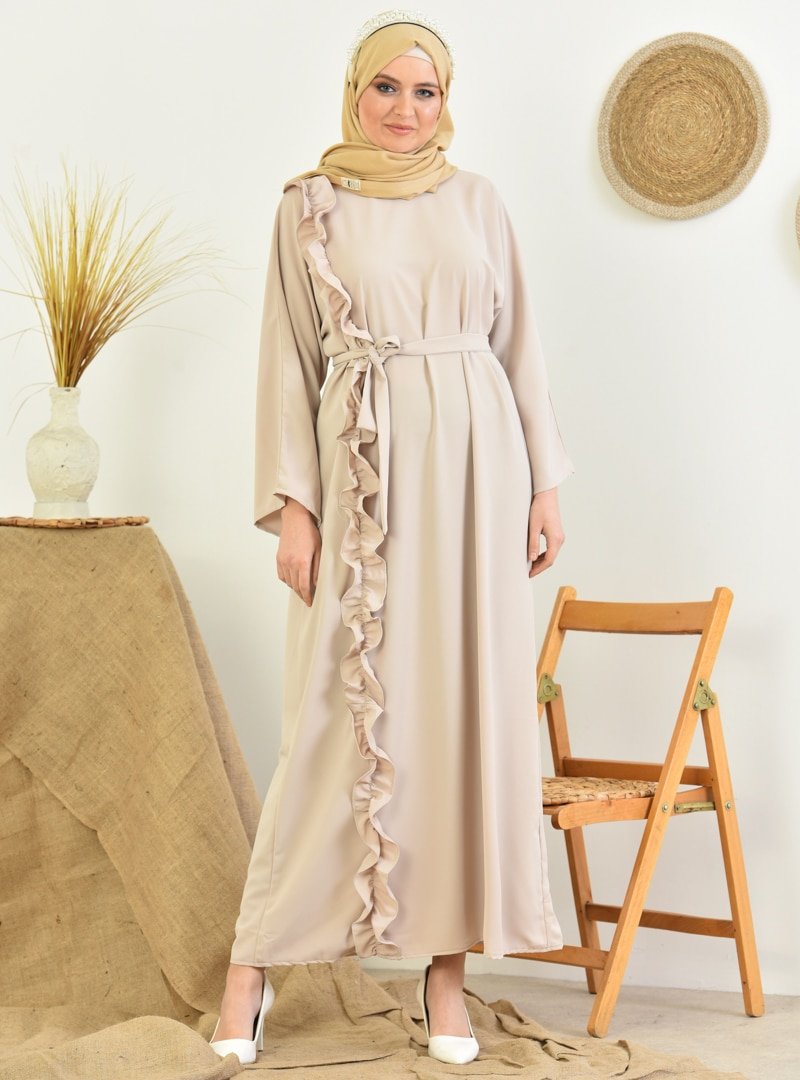 Tuncay Bej Yandan Aşağı Fırfırlı Elbise