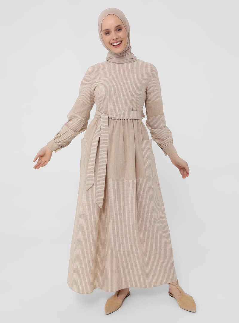 Refka Vizon Doğal Kumaşlı Çizgili Elbise