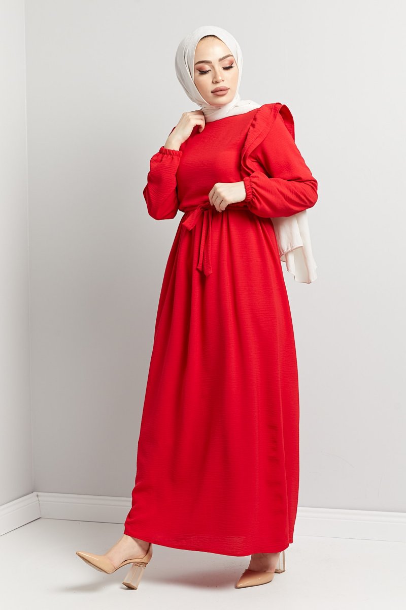 Tuba Mutioğlu Kırmızı Airobin Fırfırlı Yazlık Elbise
