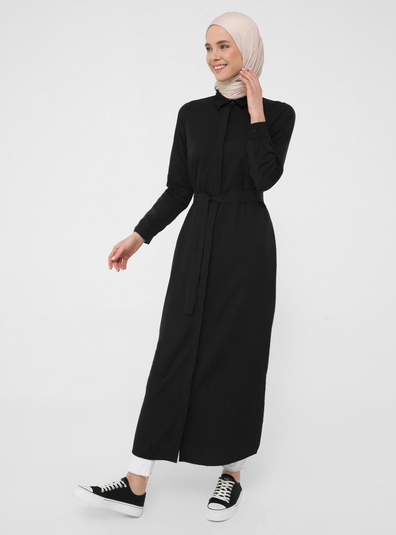 Refka Basic Siyah Oxford Kumaştan Gizli Düğmeli Uzun Gömlek Elbise