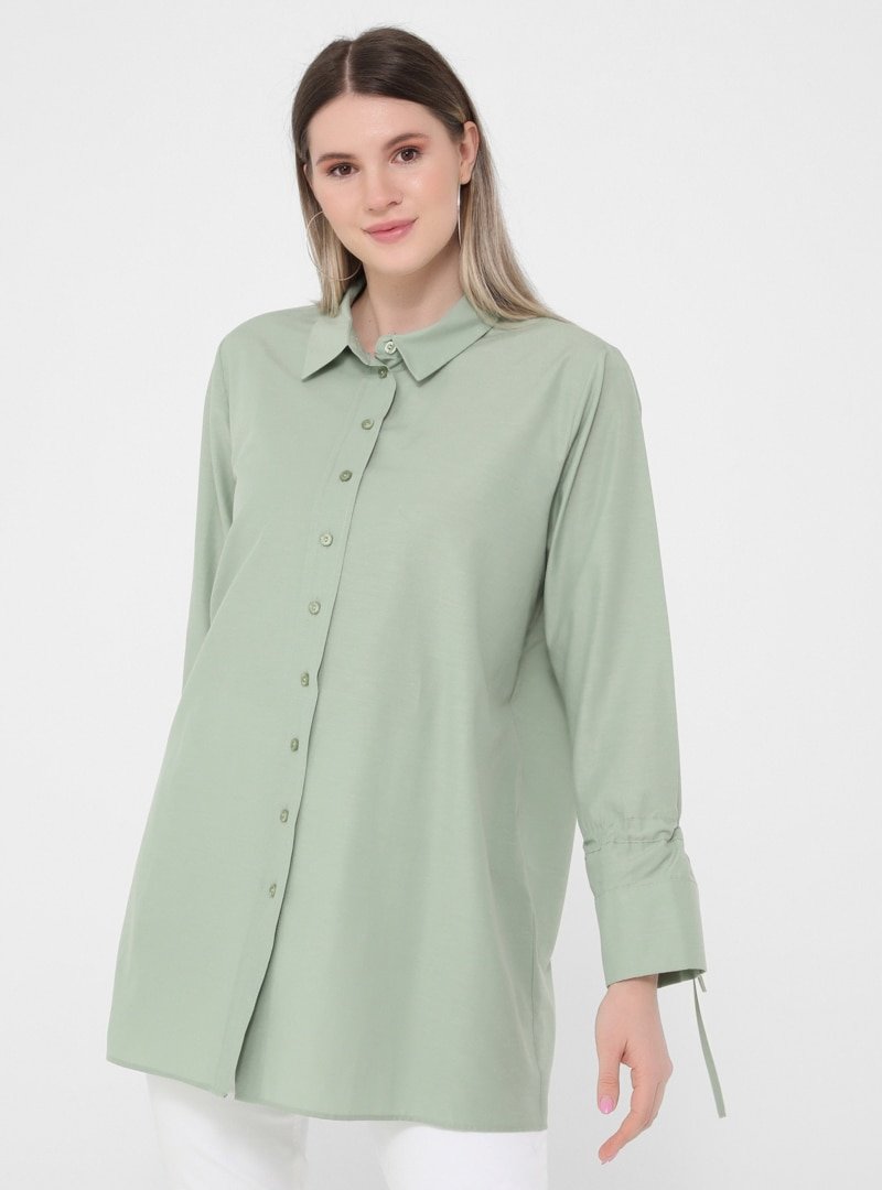 Alia Su Yeşili Büyük Beden Kolları Bağcık Detaylı Gömlek Tunik