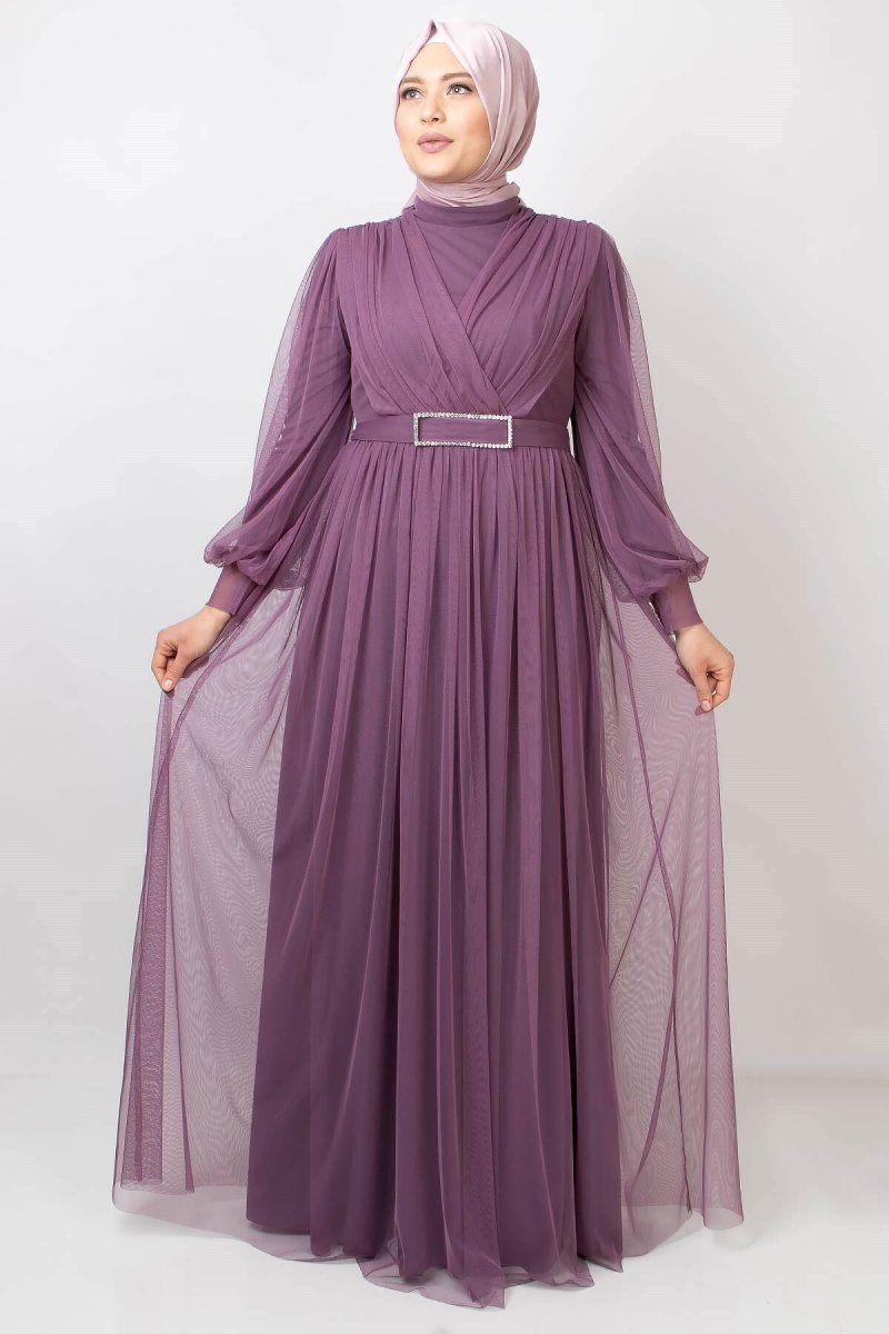 Fahima Lila Kemer Detaylı Tül Abiye Elbise