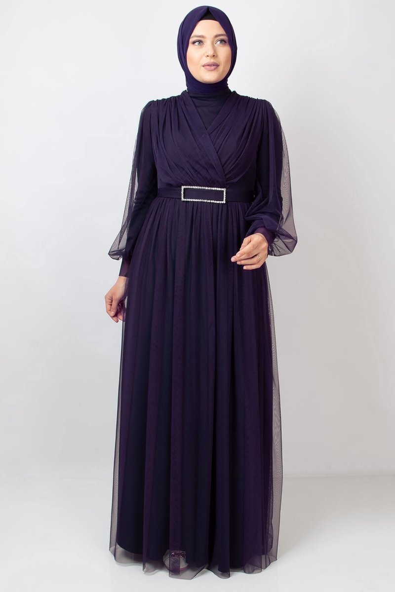 Fahima Mor Kemer Detaylı Tül Abiye Elbise