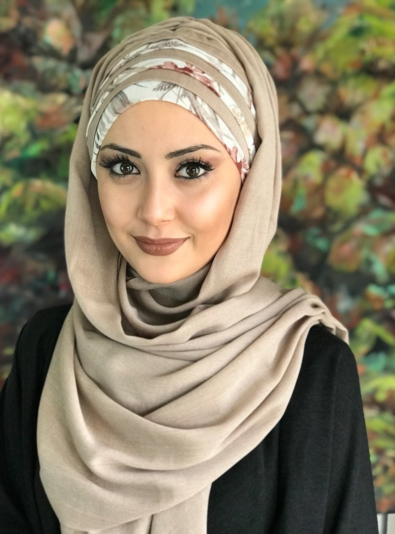 BUTİK AMBAR Gri Bej Şerit Detaylı Drapeli Hazır Şal