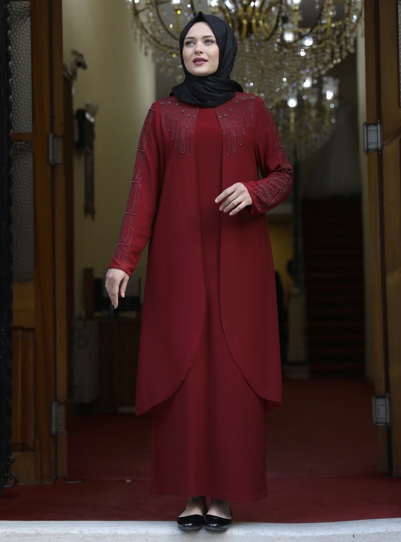 Amine Hüma Bordo Öykü Abiye Elbise