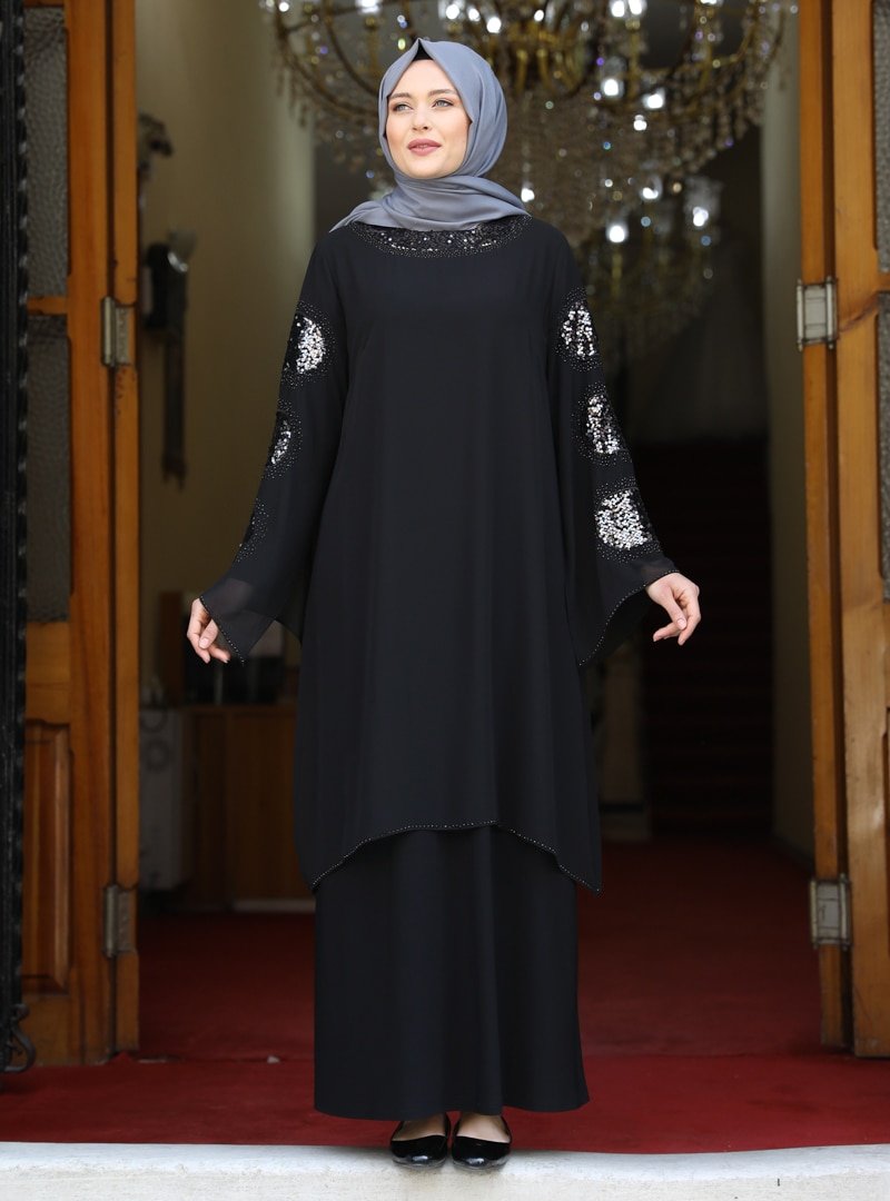 Amine Hüma Siyah Sahra Abiye Elbise
