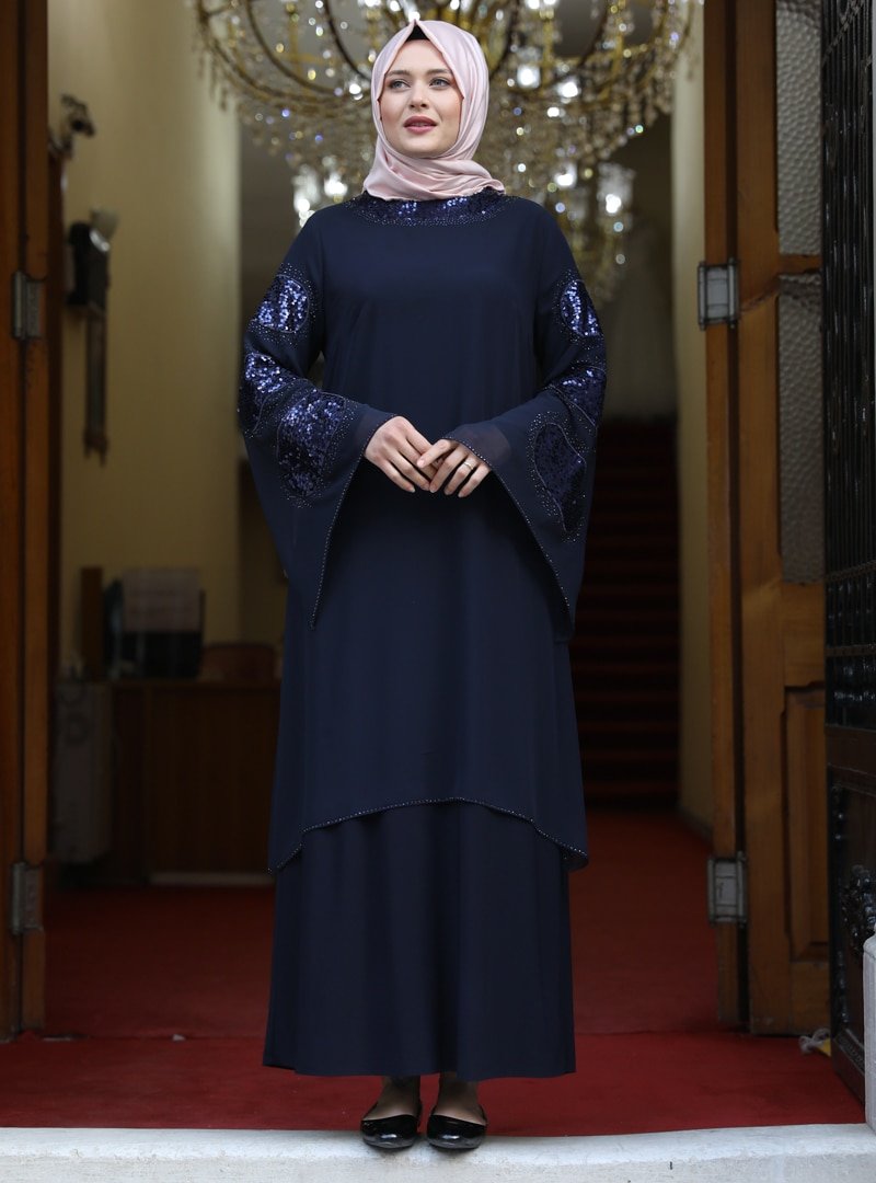 Amine Hüma Lacivert Sahra Abiye Elbise