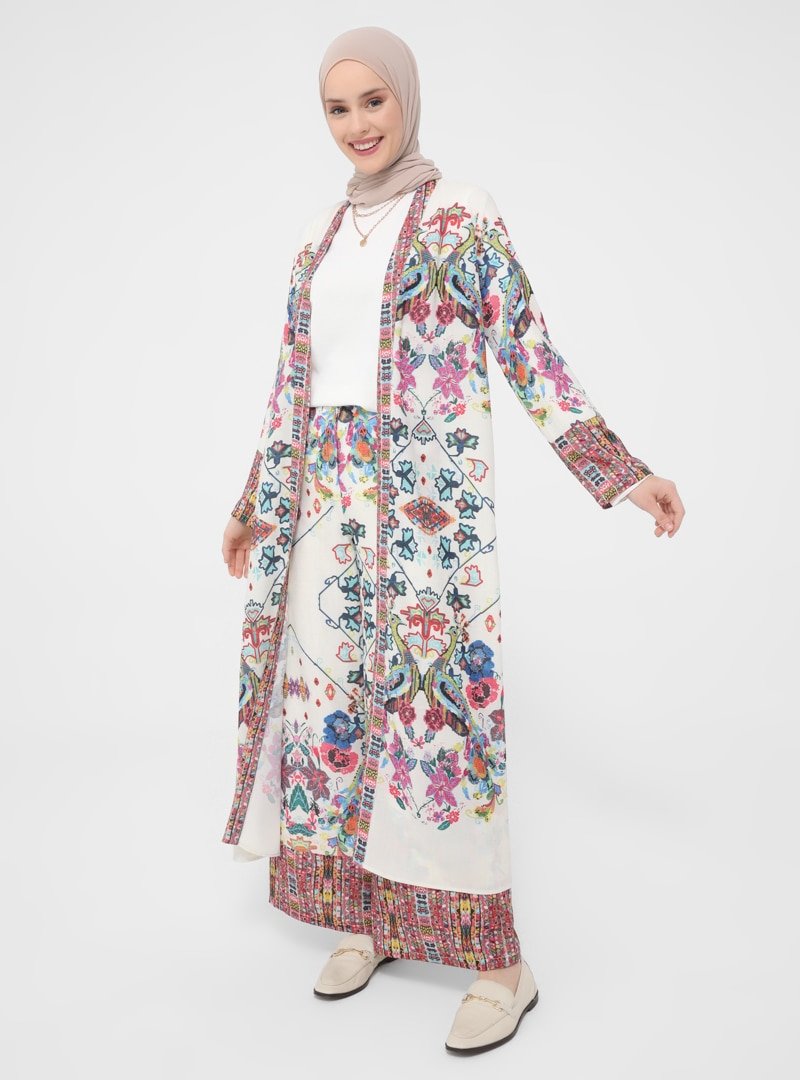 Refka Casual Ekru Bordür Desenli Kimono