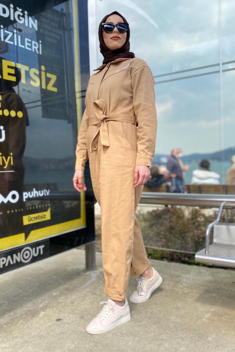 Meqlife Kahverengi Cotton Günlük Şık Spor Tulum