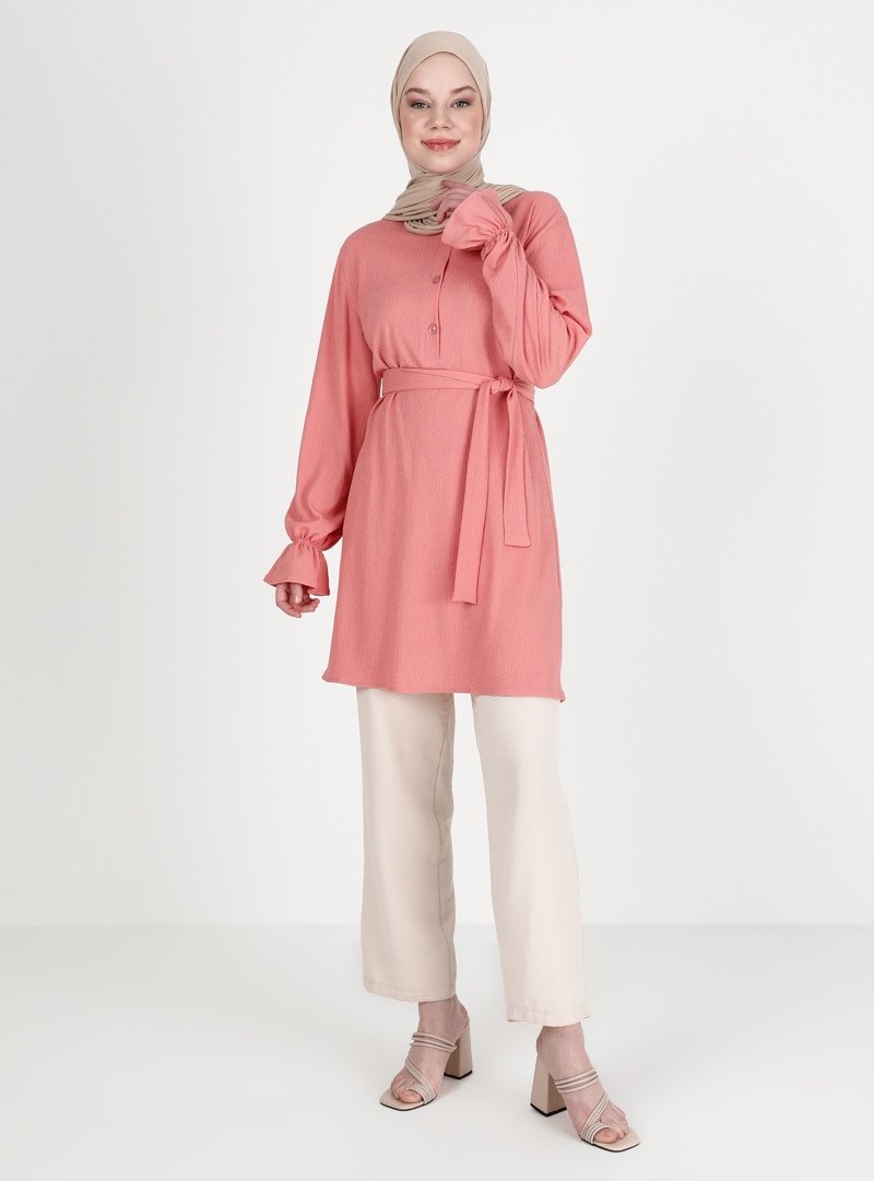 Haki Tekstil Açık Pembe Kol Uçları Lastikli Tunik