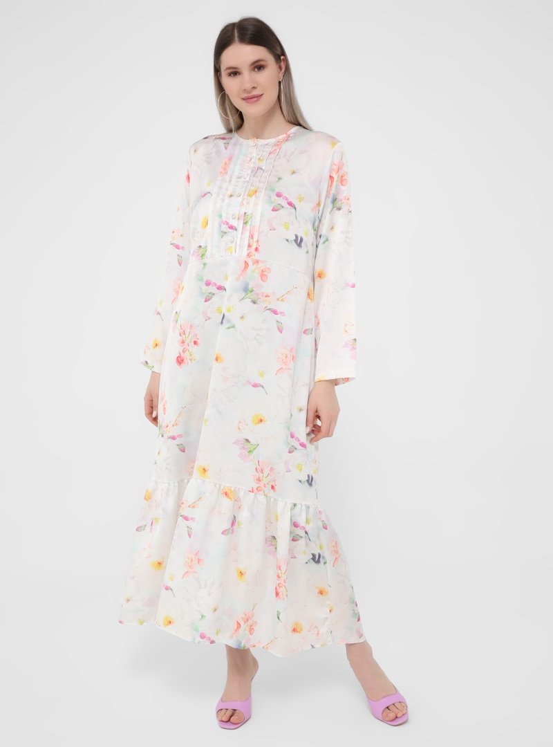 Alia Çok Renkli Büyük Beden Kolları Volanlı Çiçek Desenli Saten Elbise